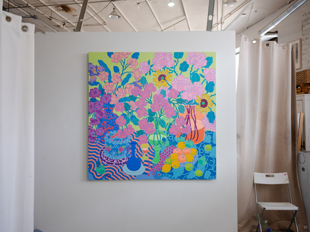 Painting by Sarah Ingraham titled "Orange Vase with Blue Cake and Fruit Platter" - 5.