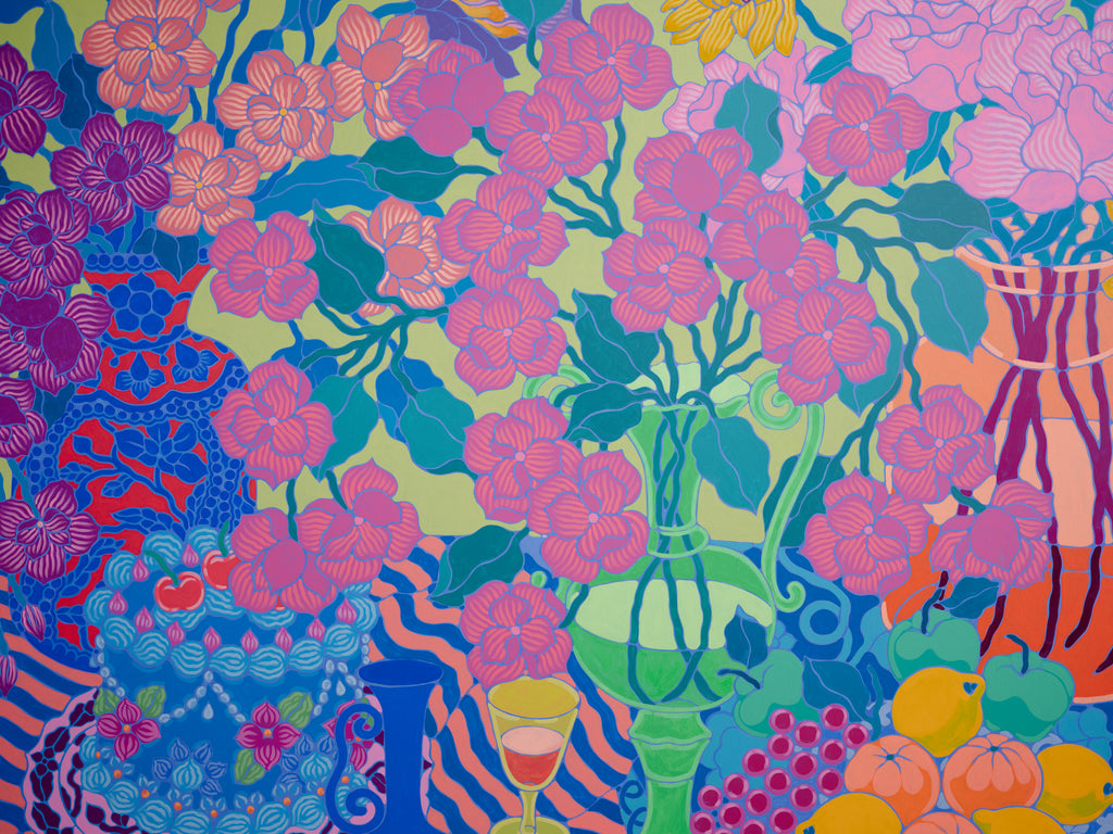 Painting by Sarah Ingraham titled "Orange Vase with Blue Cake and Fruit Platter" - 6.