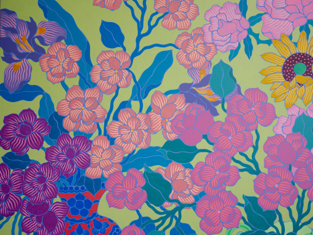 Painting by Sarah Ingraham titled "Orange Vase with Blue Cake and Fruit Platter" - 7.