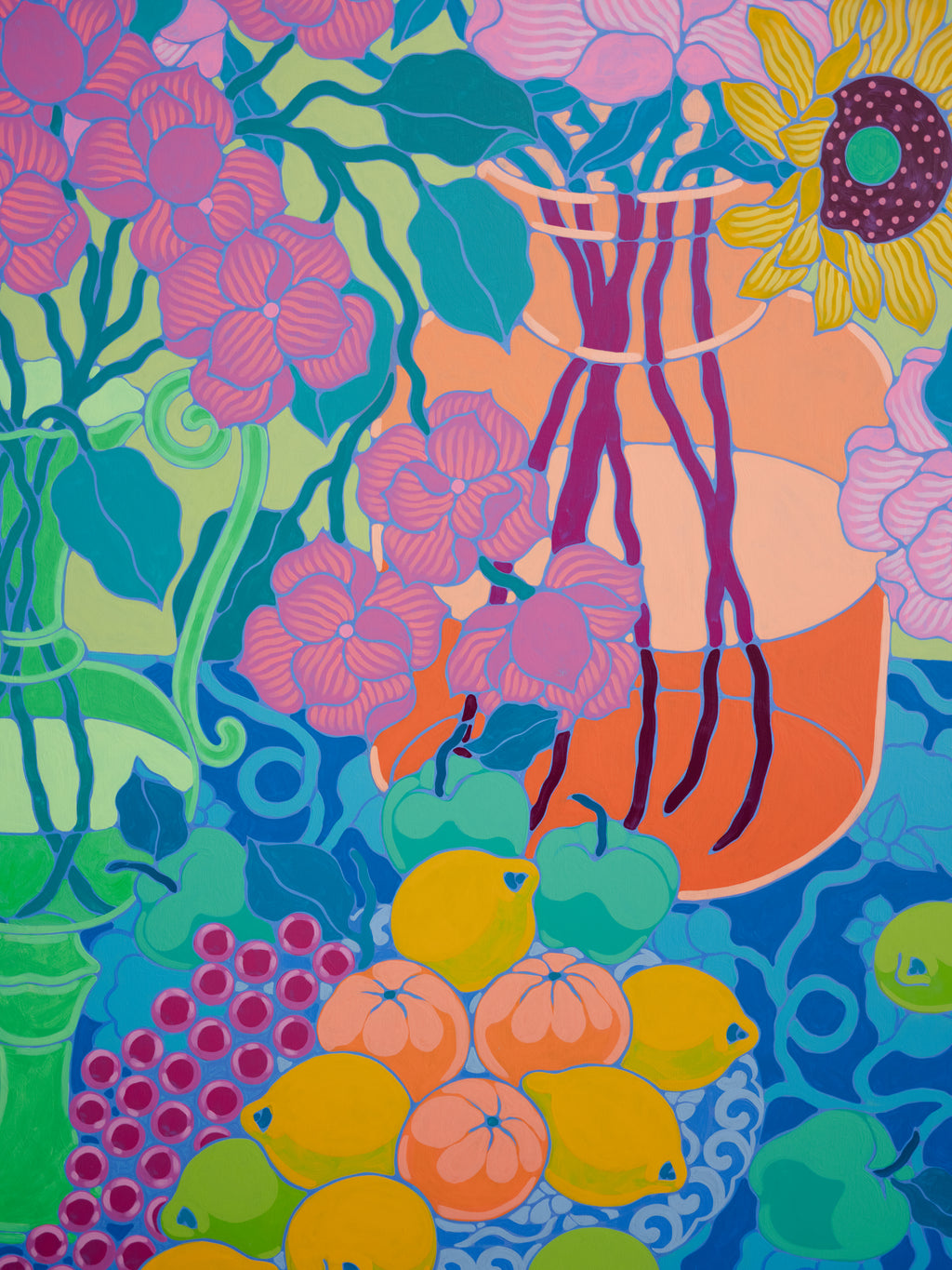 Painting by Sarah Ingraham titled "Orange Vase with Blue Cake and Fruit Platter" - 8.