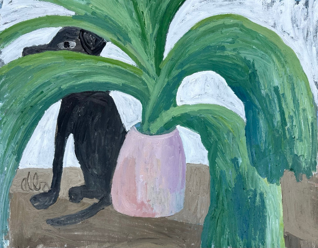 Painting by Andrew Alba titled "Dog Behind Plant" - 2.