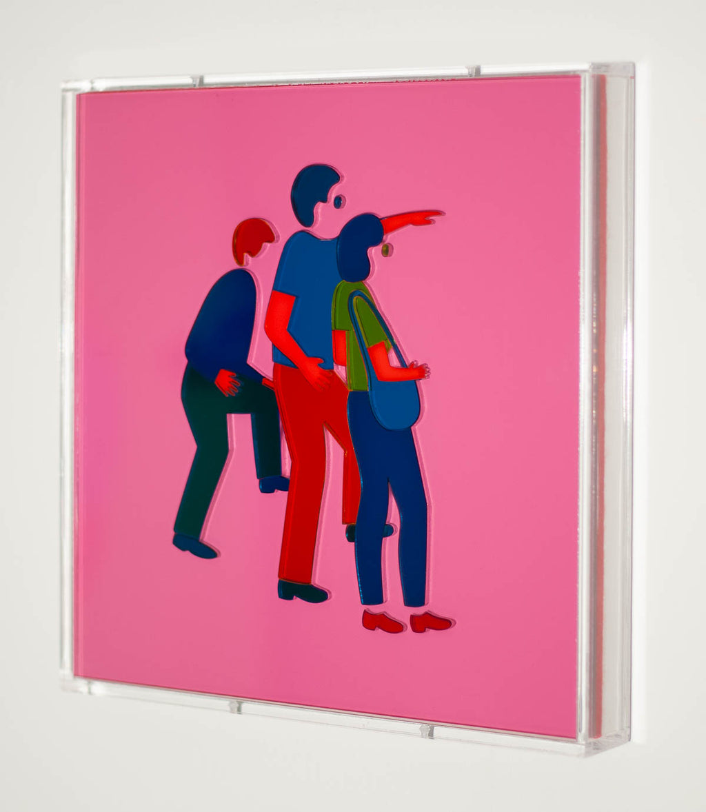 Mixed Media by Dana Bell titled "Three Tourists Point to the Right (Pink, Red, Green and Blue)" - 3.