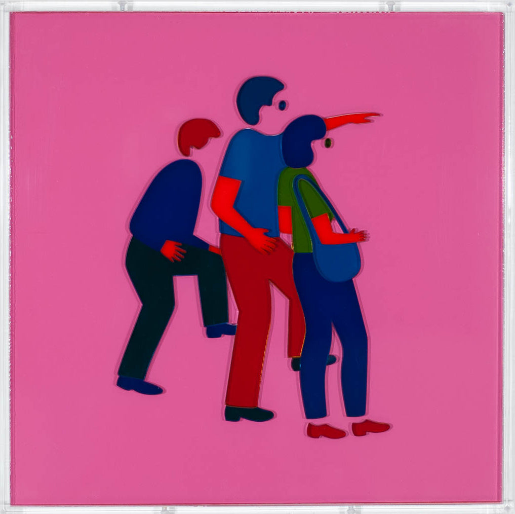 Mixed Media by Dana Bell titled "Three Tourists Point to the Right (Pink, Red, Green and Blue)" - 2.