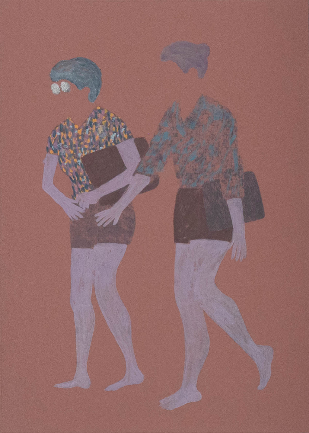 Print by Dana Bell titled "Two Walk Left with Bags" - 2.