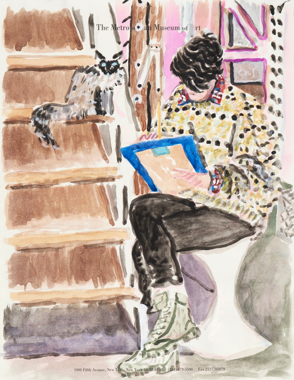 Drawing by David Rhoads titled "Artist Sketching with Cat" - 2.