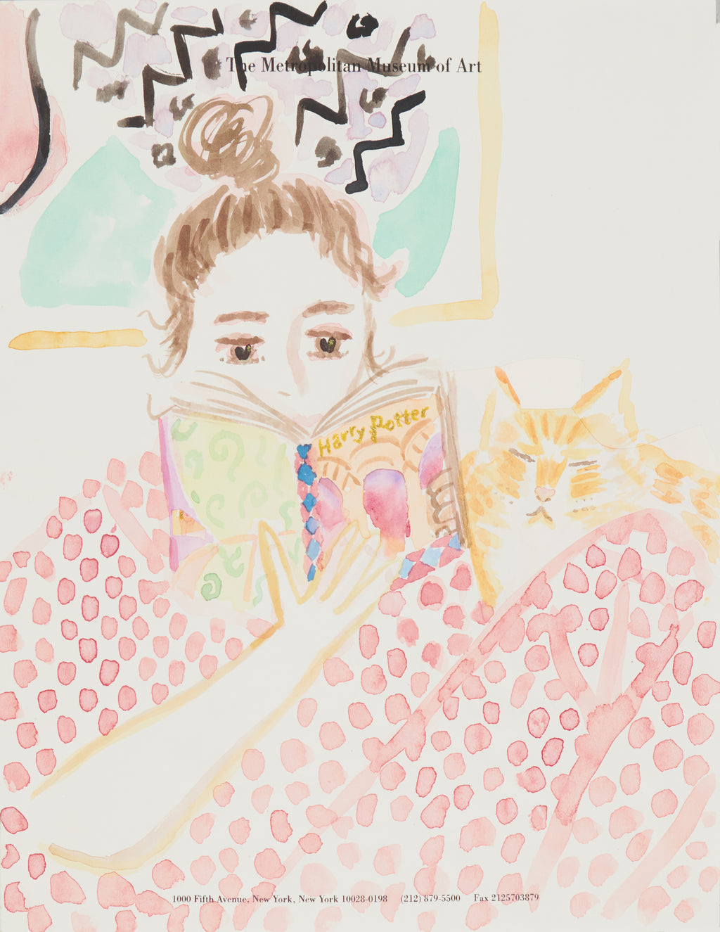 Drawing by David Rhoads titled "Girl Reading Harry Potter with Cat" - 2.