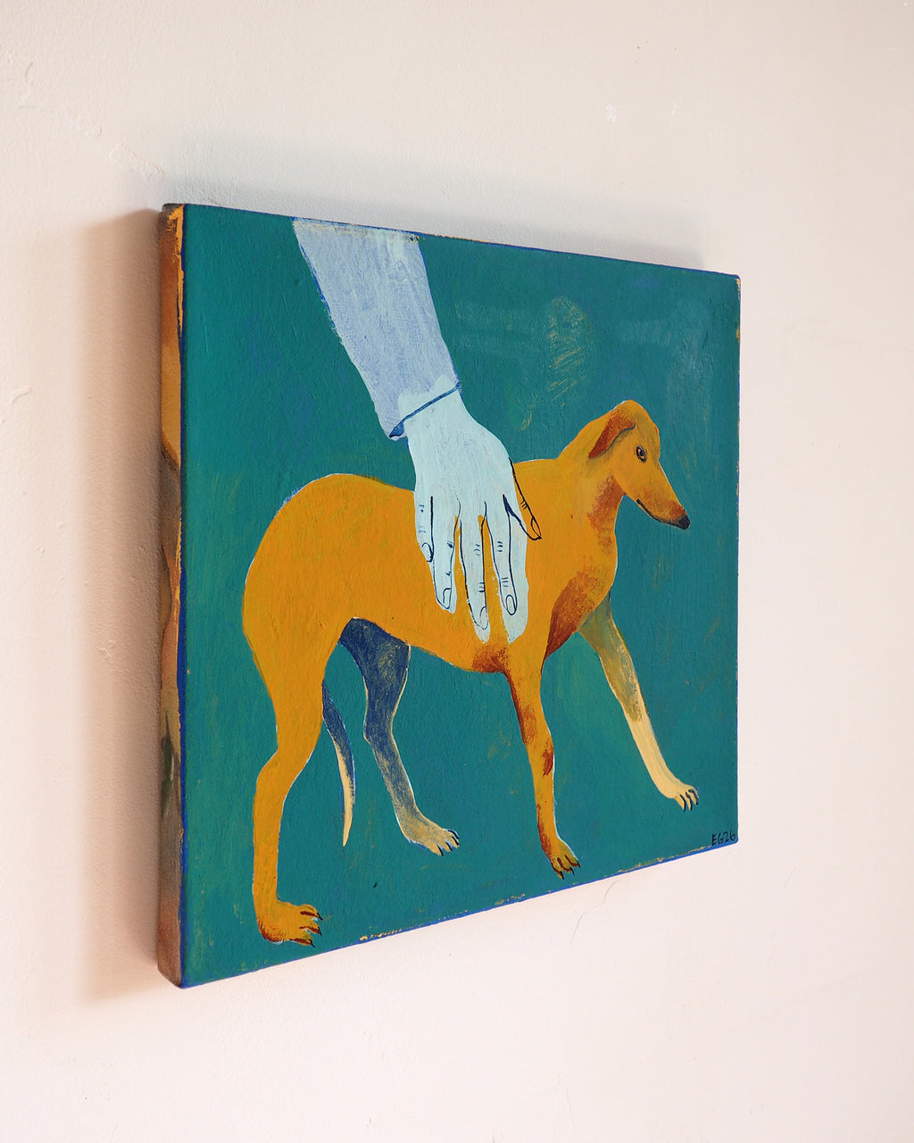 Painting by Emma Gerig titled "Dog in Hand" - 3.