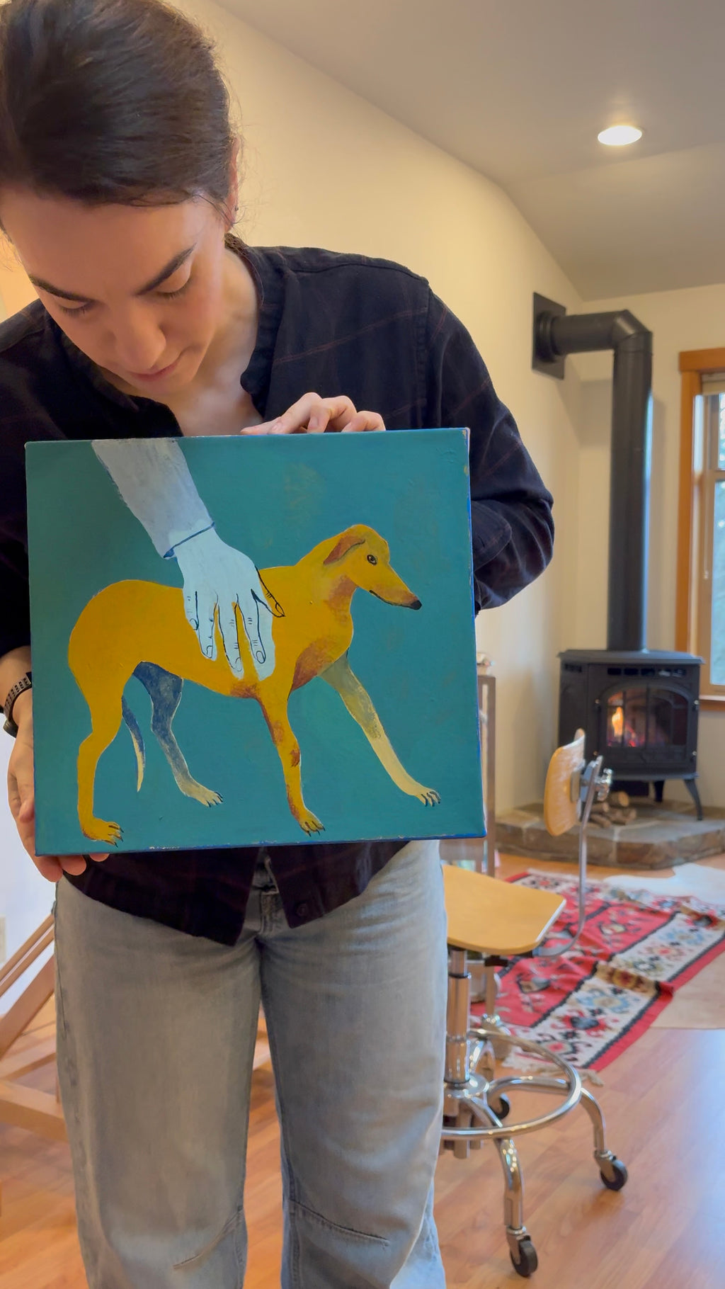Painting by Emma Gerig titled "Dog in Hand" - 4.