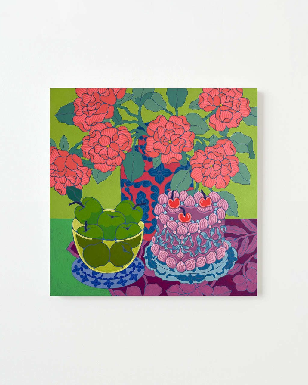 Painting by Sarah Ingraham titled "Pink Cherry Cake with Bouquet" - 1.