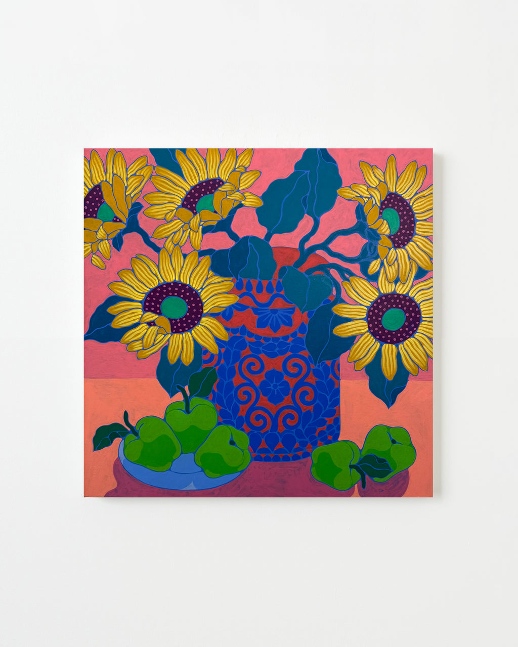 Painting by Sarah Ingraham titled "Sunflower Bouquet on Red" - 1.