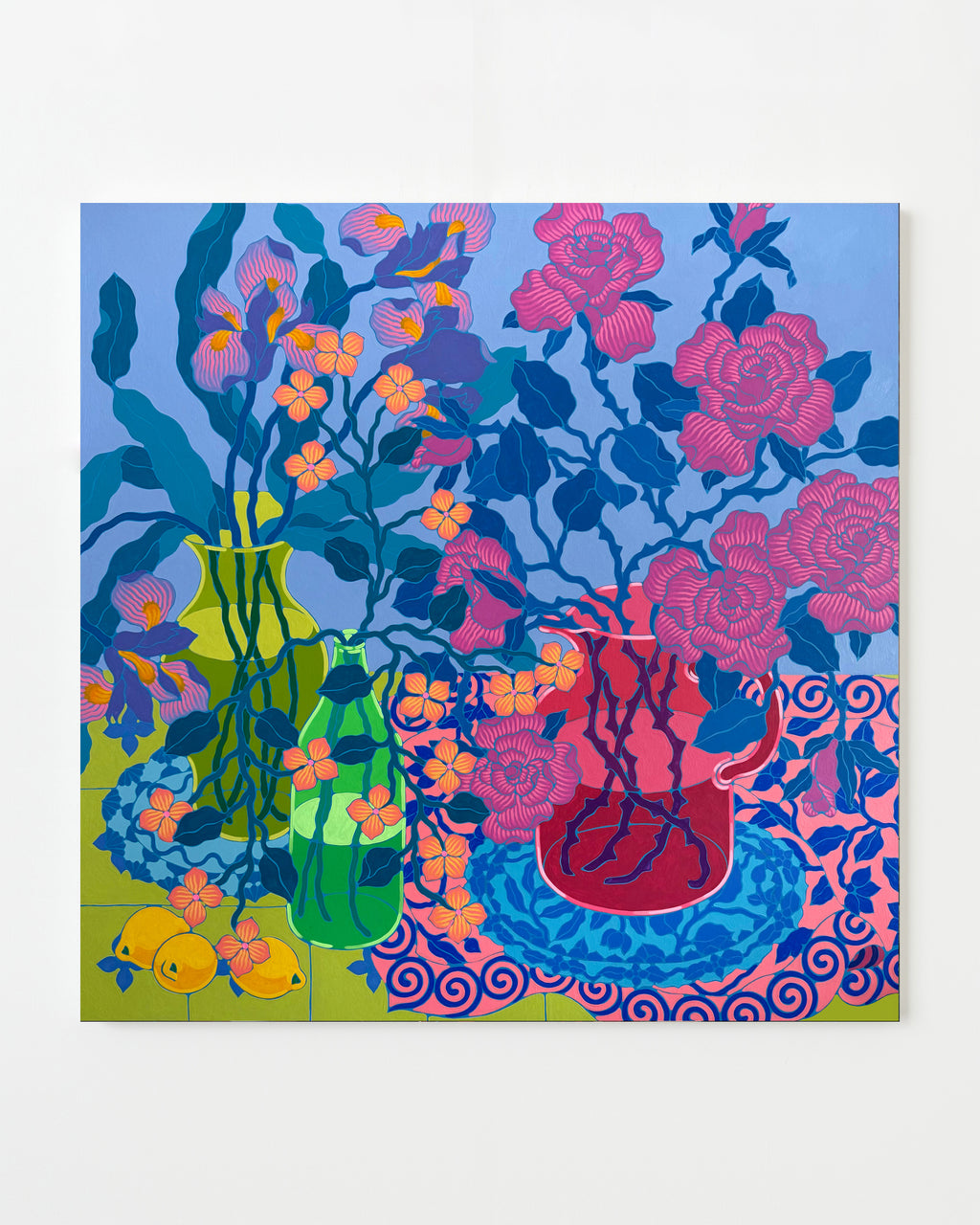 Painting by Sarah Ingraham titled "Three Glass Vases on Lime Green Tile" - 1.