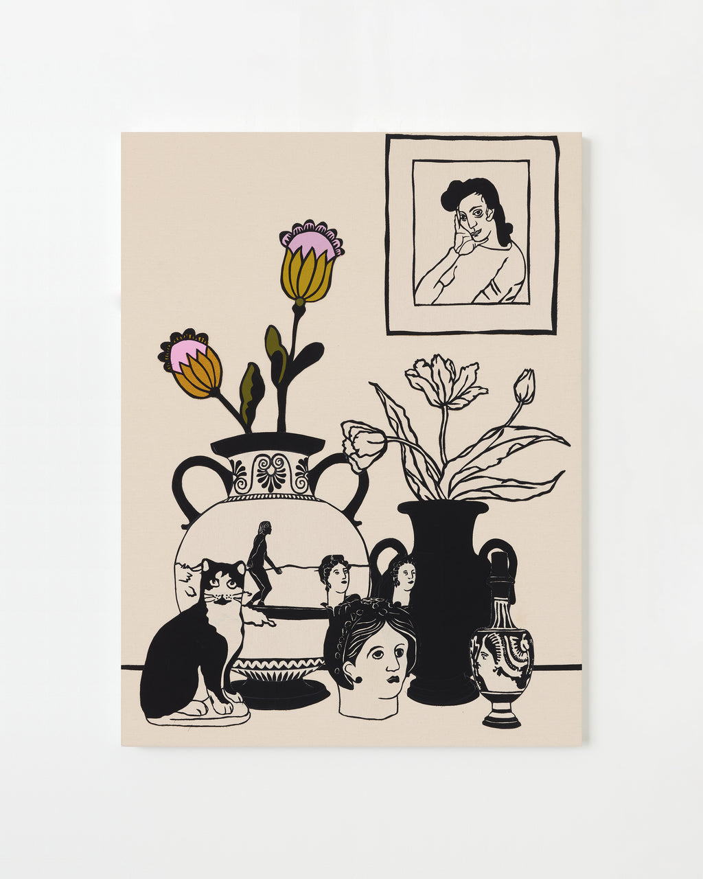 Mixed Media by Stacey Beach titled "Still Life with Chalkware Cat and Neel 'Portrait of a Dark Haired Woman'" - 1.