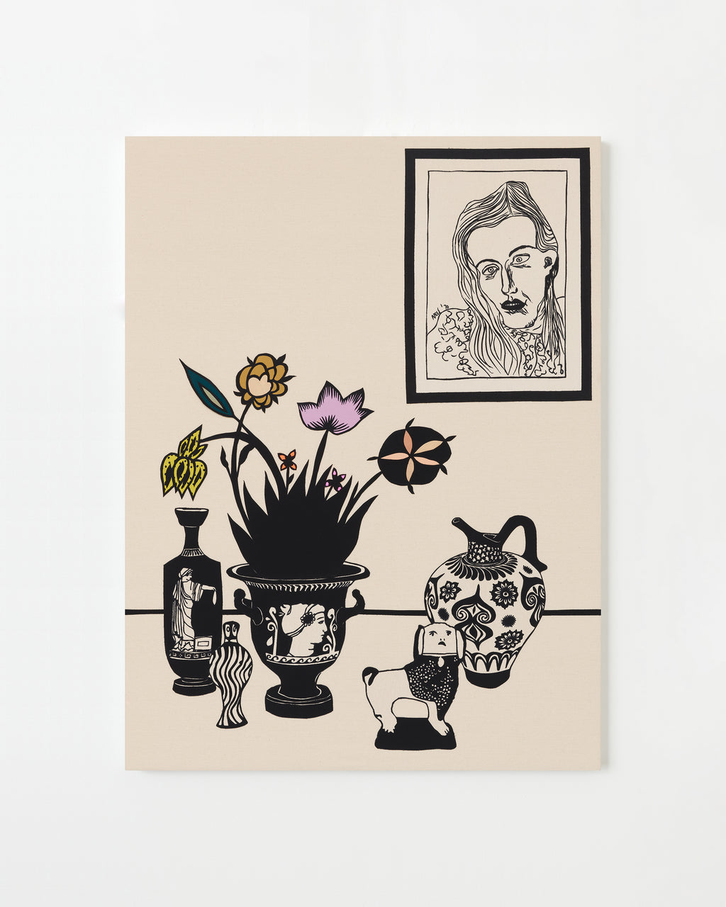 Mixed Media by Stacey Beach titled "Still Life with Staffordshire Dog and Alice Neel's 'Nancy'" - 1.