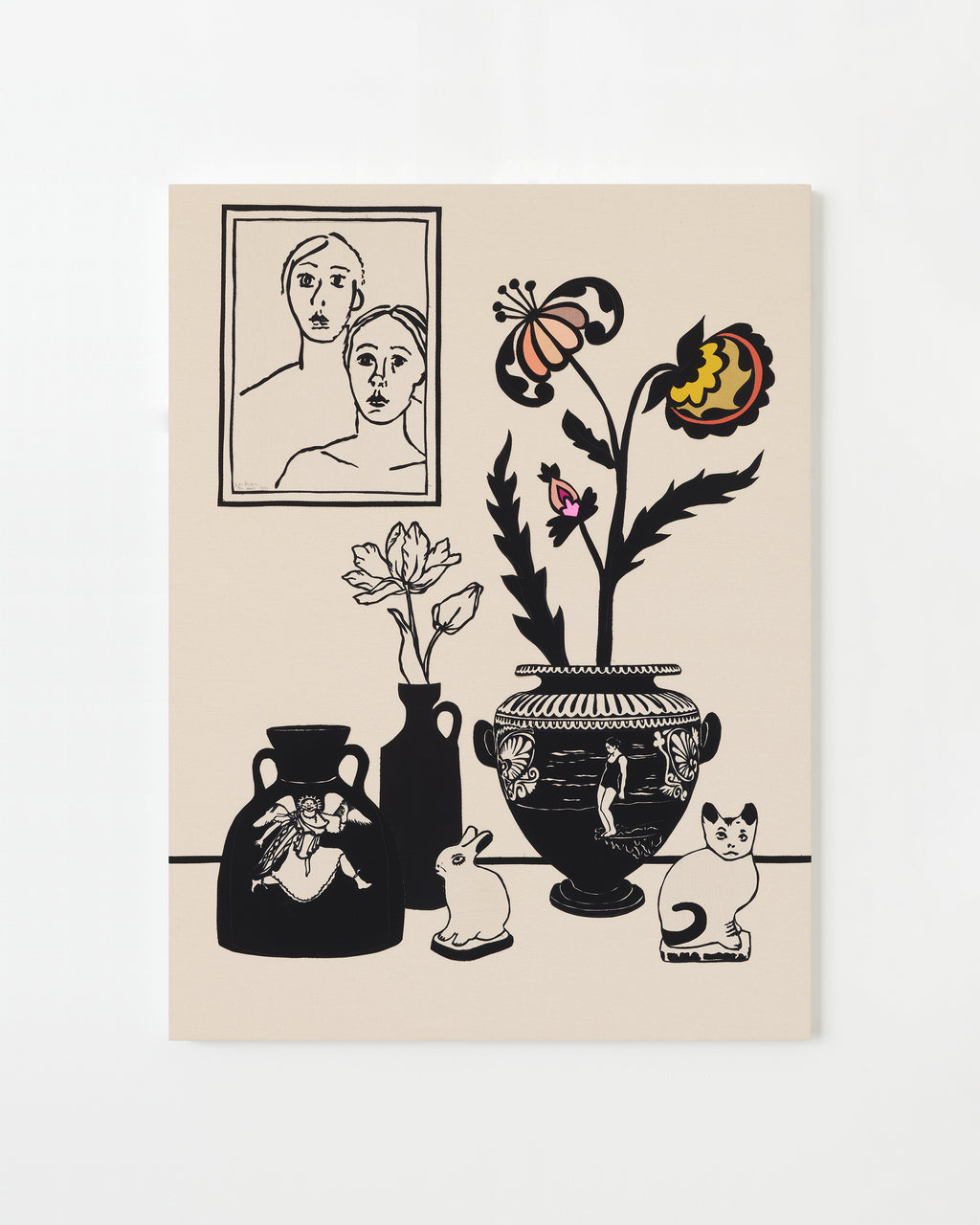 Mixed Media by Stacey Beach titled "Still Life with Surfer Amphora and Joan Brown's 'Two Heads'" - 1.