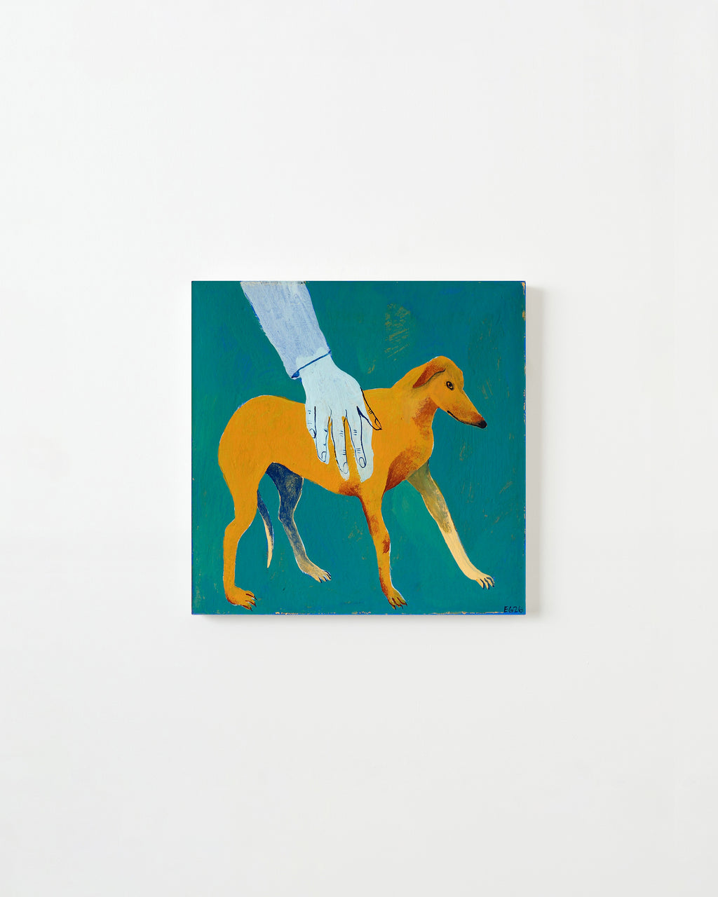 Painting by Emma Gerig titled "Dog in Hand" - 1.
