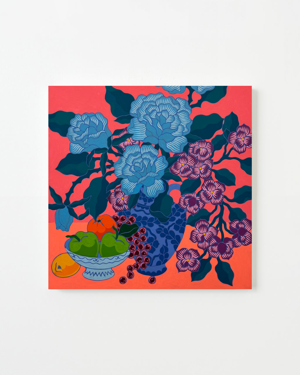 Painting by Sarah Ingraham titled "Bouquet and Fruit Bowl on Red" - 1.