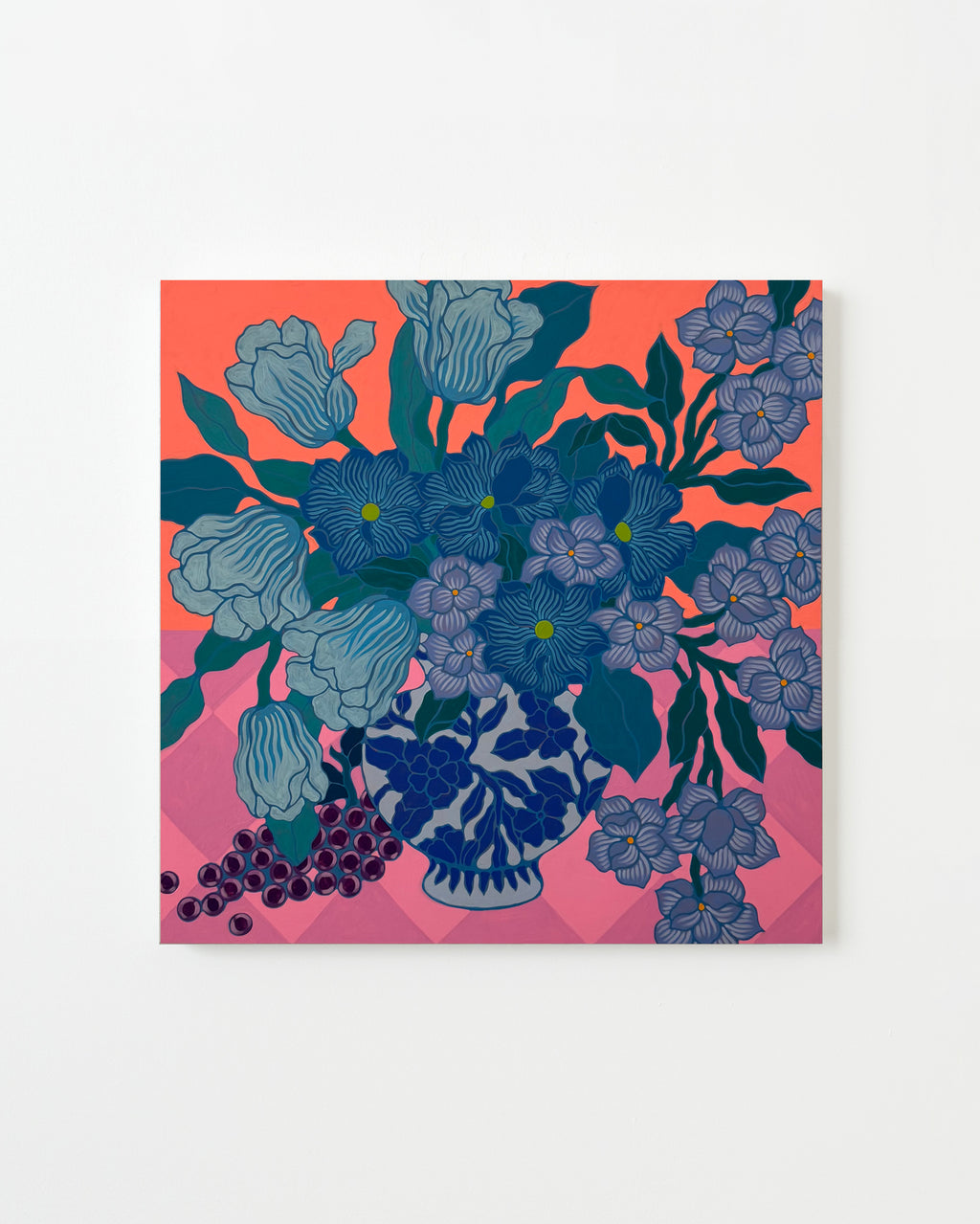 Painting by Sarah Ingraham titled "Five Tulips on Red" - 1.