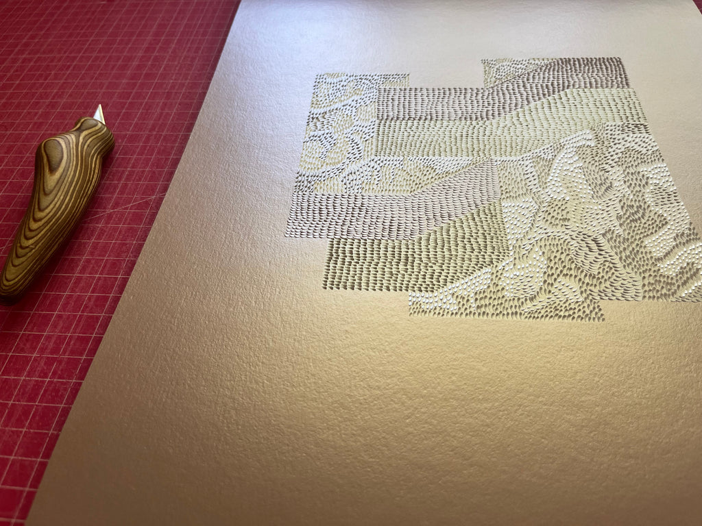 Drawing by Lucha Rodriguez titled "Obrerx de Concreto, Knife Drawing III" - 6.
