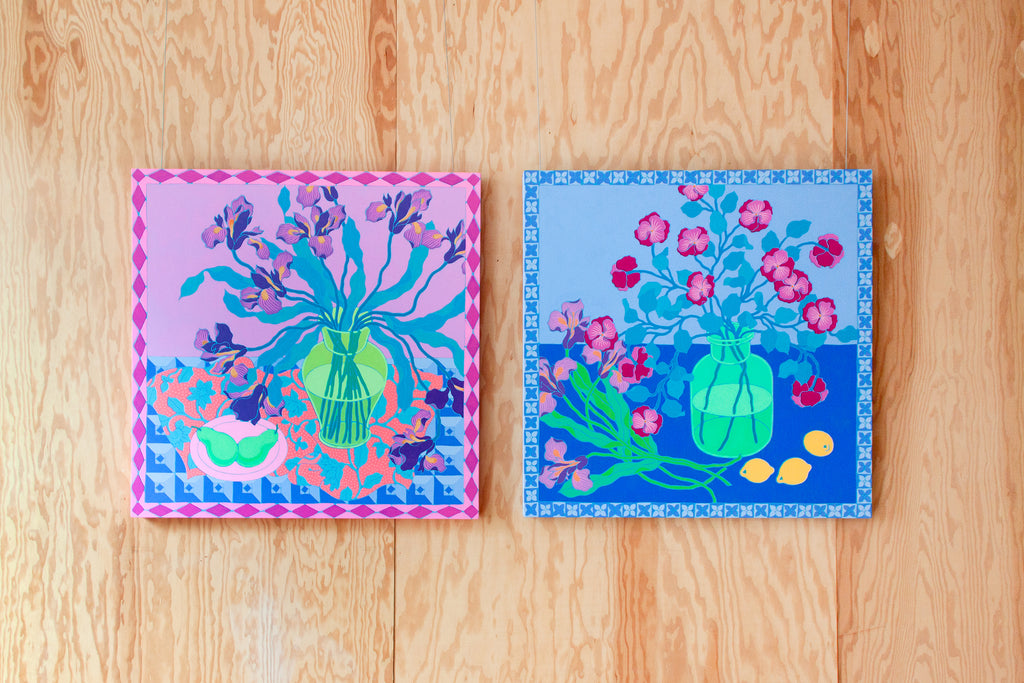 Painting by Sarah Ingraham titled "Green Pot on Blue" - 5.