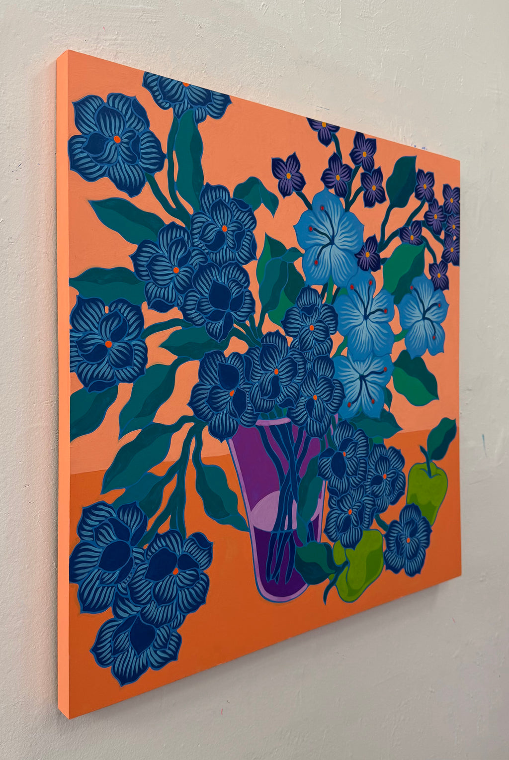Painting by Sarah Ingraham titled "Blue Bouquet on Orange" - 3.