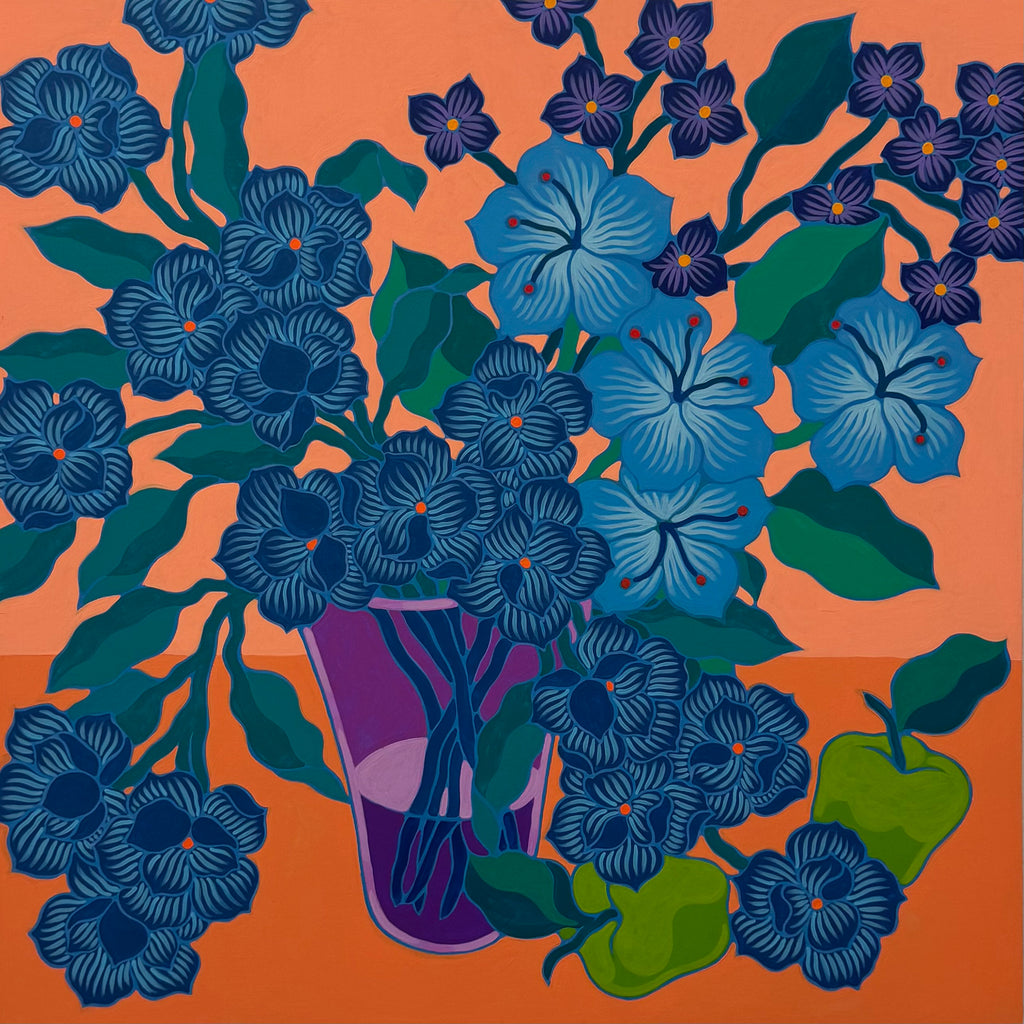 Painting by Sarah Ingraham titled "Blue Bouquet on Orange" - 2.