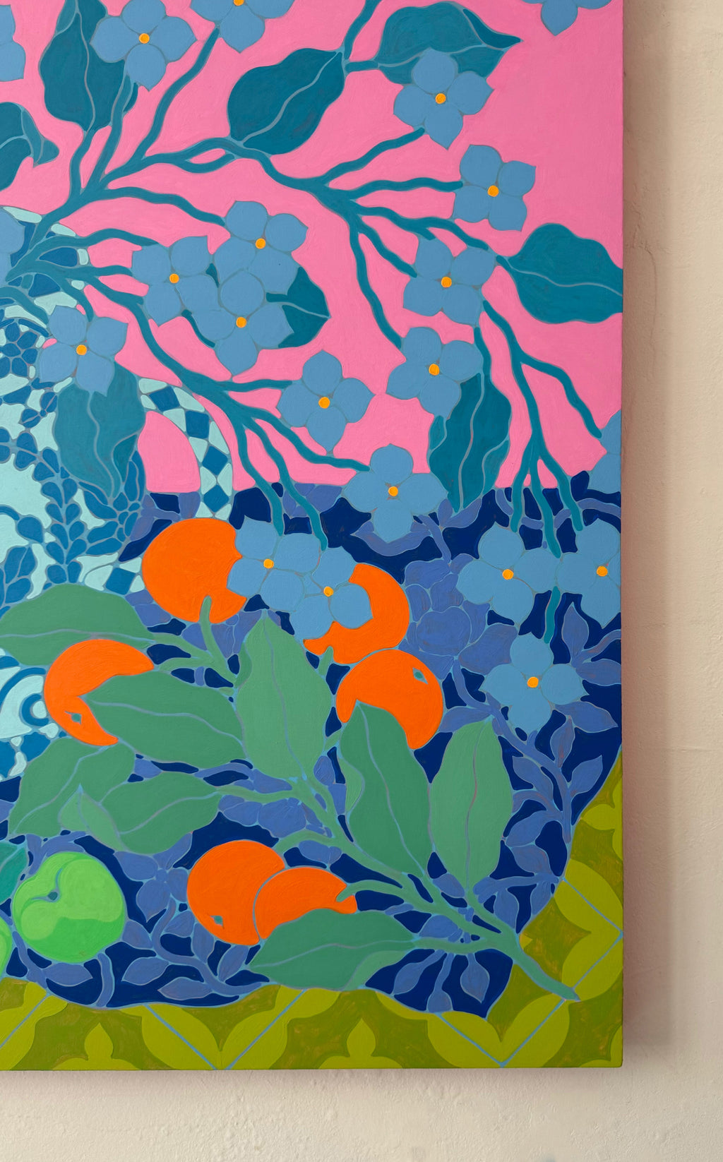 Painting by Sarah Ingraham titled "Bouquet and Floral Blanket on Green Tile" - 3.