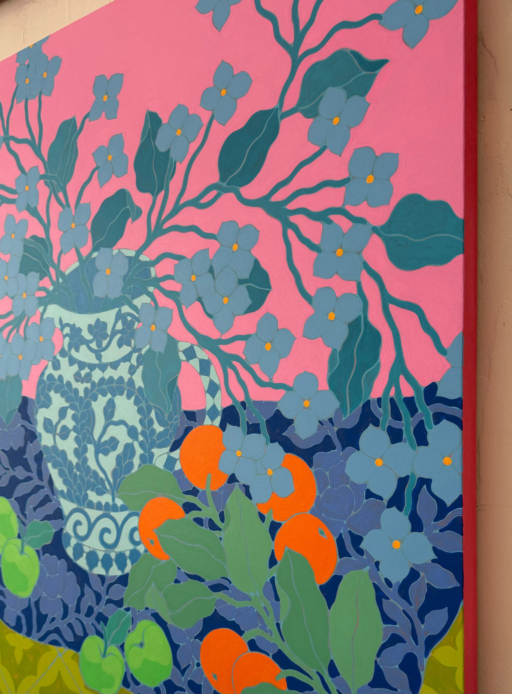 Painting by Sarah Ingraham titled "Bouquet and Floral Blanket on Green Tile" - 4.