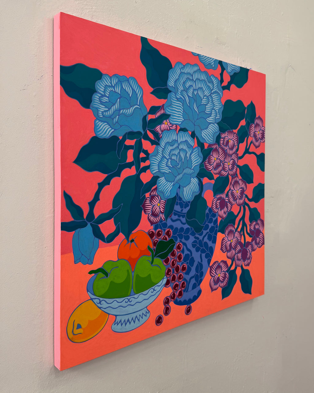 Painting by Sarah Ingraham titled "Bouquet and Fruit Bowl on Red" - 3.