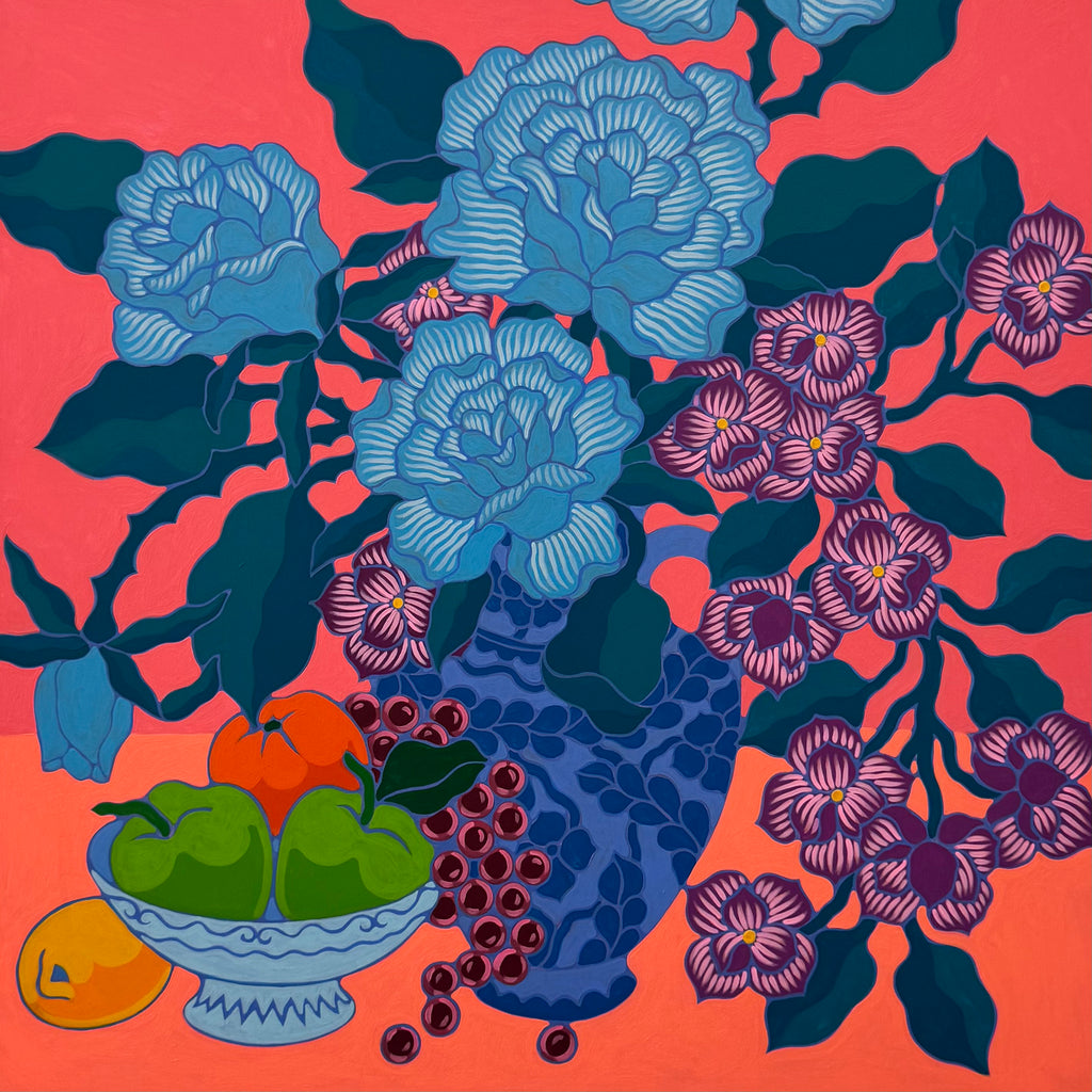 Painting by Sarah Ingraham titled "Bouquet and Fruit Bowl on Red" - 2.