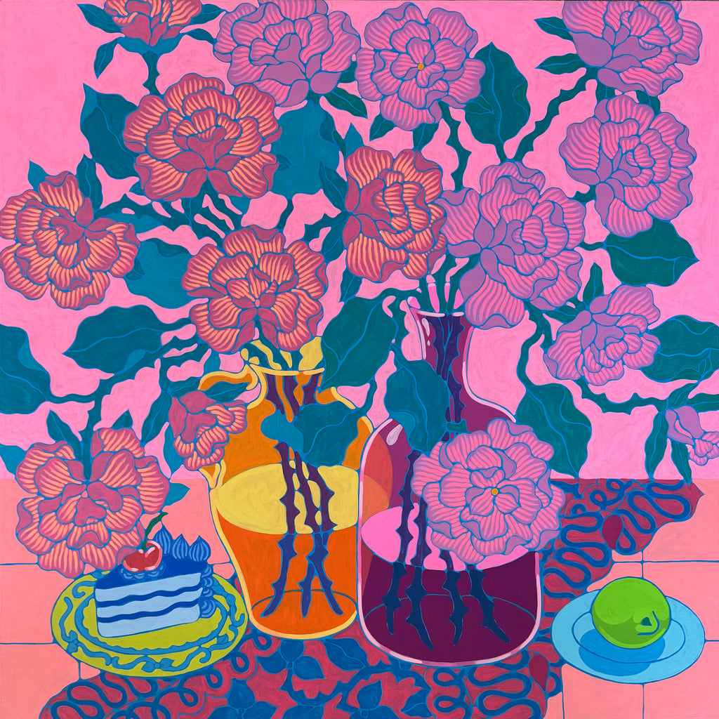 Painting by Sarah Ingraham titled "Glass Vases with Cake on Hot Pink" - 2.