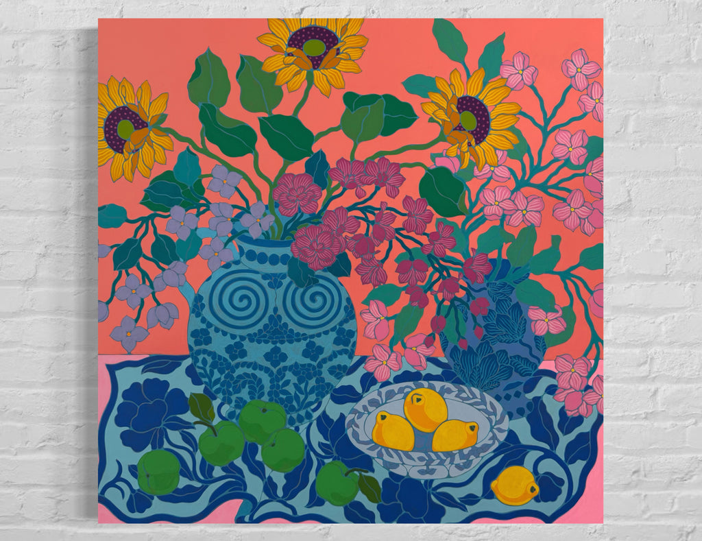 Painting by Sarah Ingraham titled "Greek Vase on Blue Blanket" - 5.