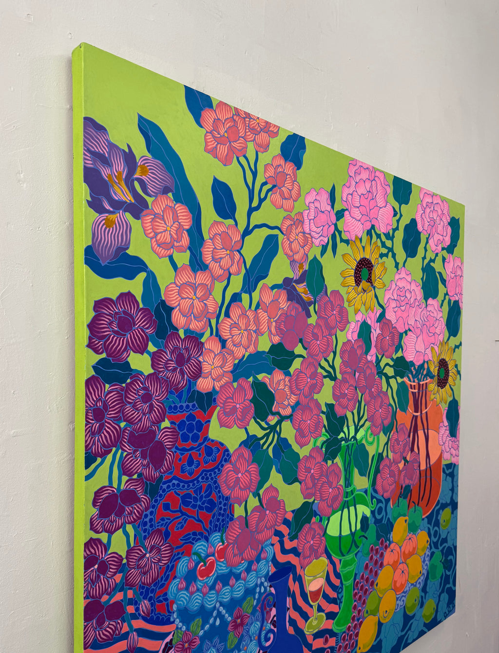 Painting by Sarah Ingraham titled "Orange Vase with Blue Cake and Fruit Platter" - 3.
