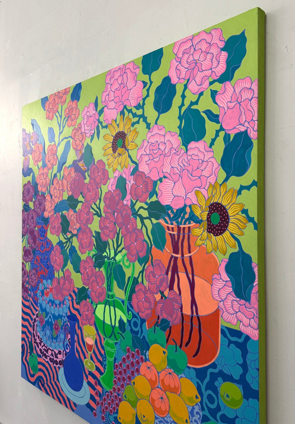 Painting by Sarah Ingraham titled "Orange Vase with Blue Cake and Fruit Platter" - 4.