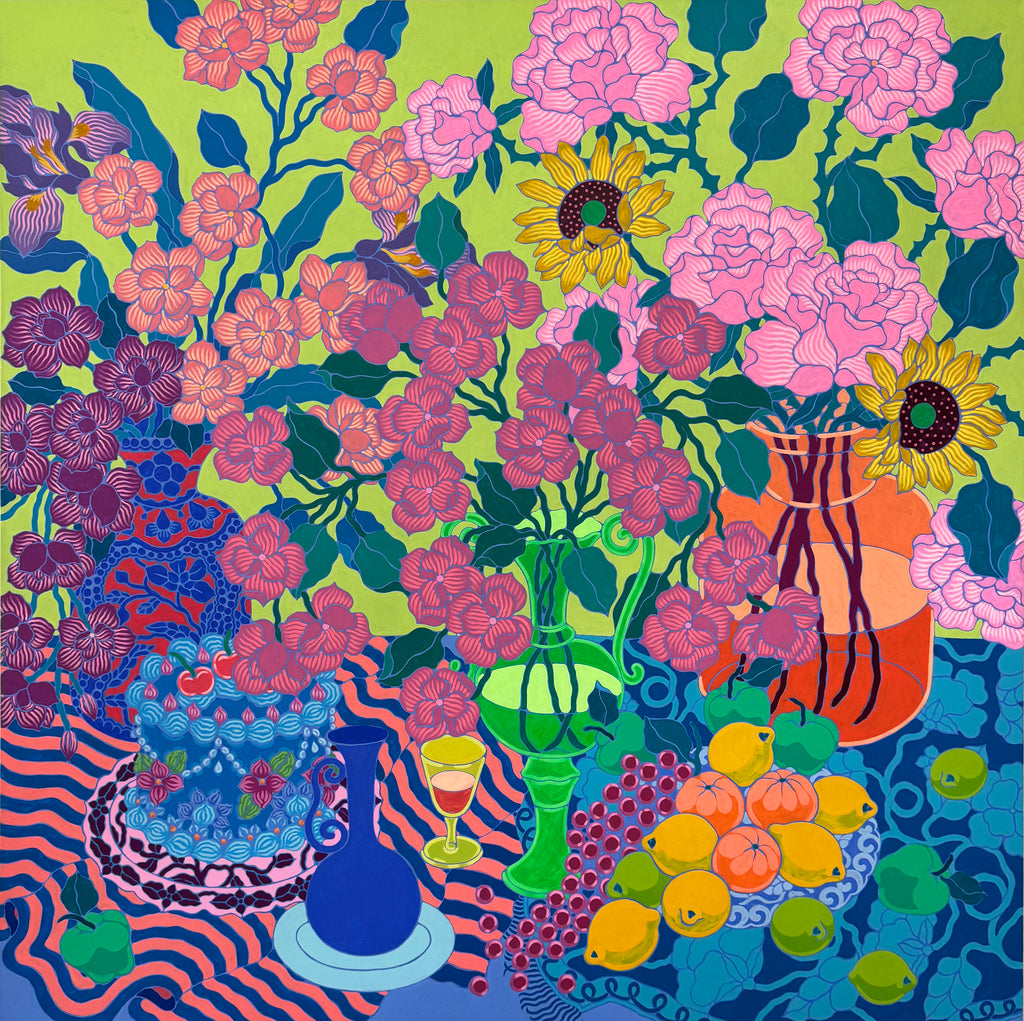 Painting by Sarah Ingraham titled "Orange Vase with Blue Cake and Fruit Platter" - 2.