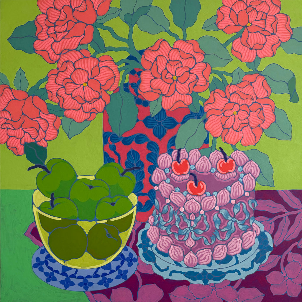 Painting by Sarah Ingraham titled "Pink Cherry Cake with Bouquet" - 2.