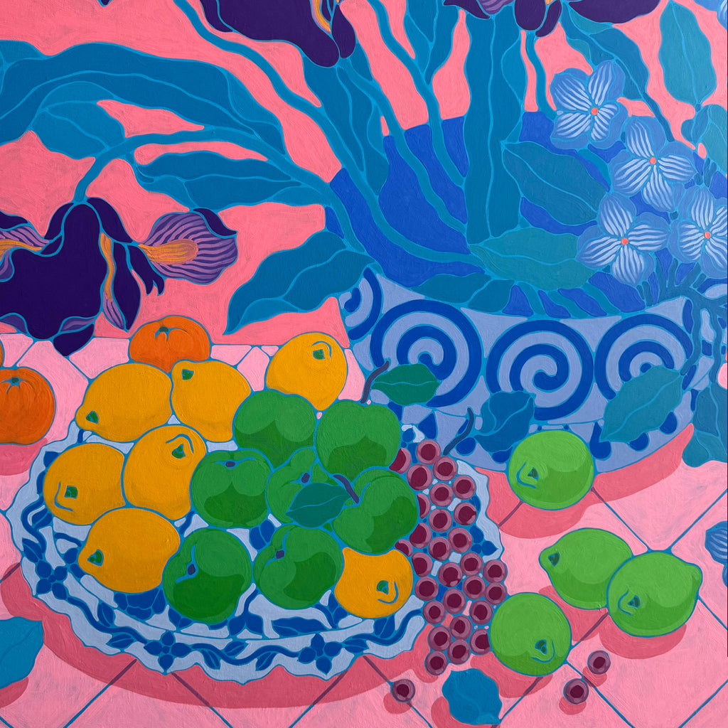 Painting by Sarah Ingraham titled "Platter of Fruit with Big Bowl of Flowers" - 3.