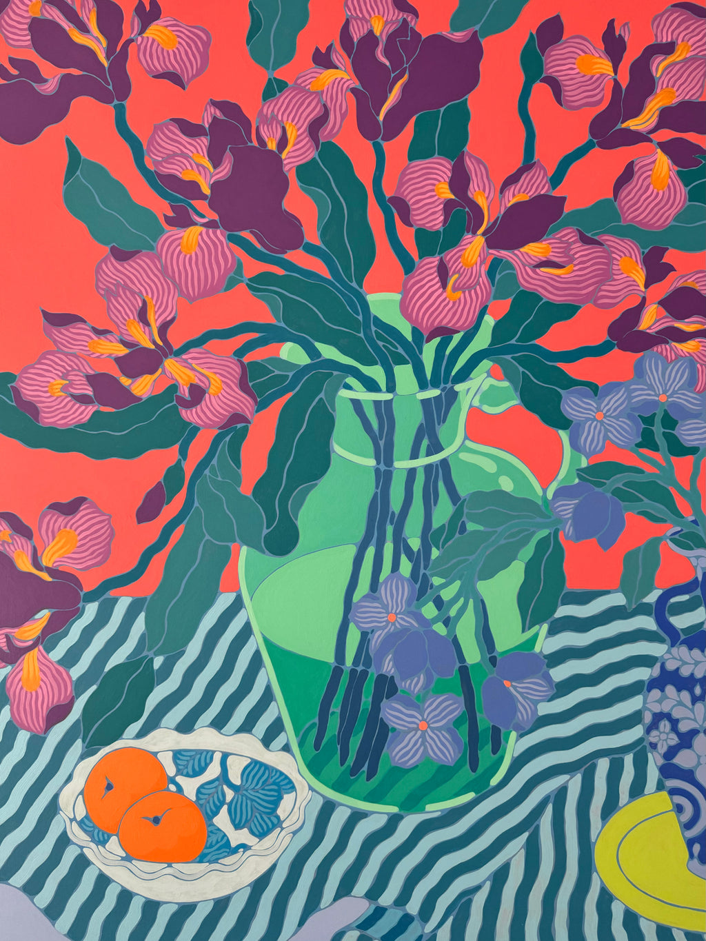 Painting by Sarah Ingraham titled "Purple Irises with Two Clementines" - 4.