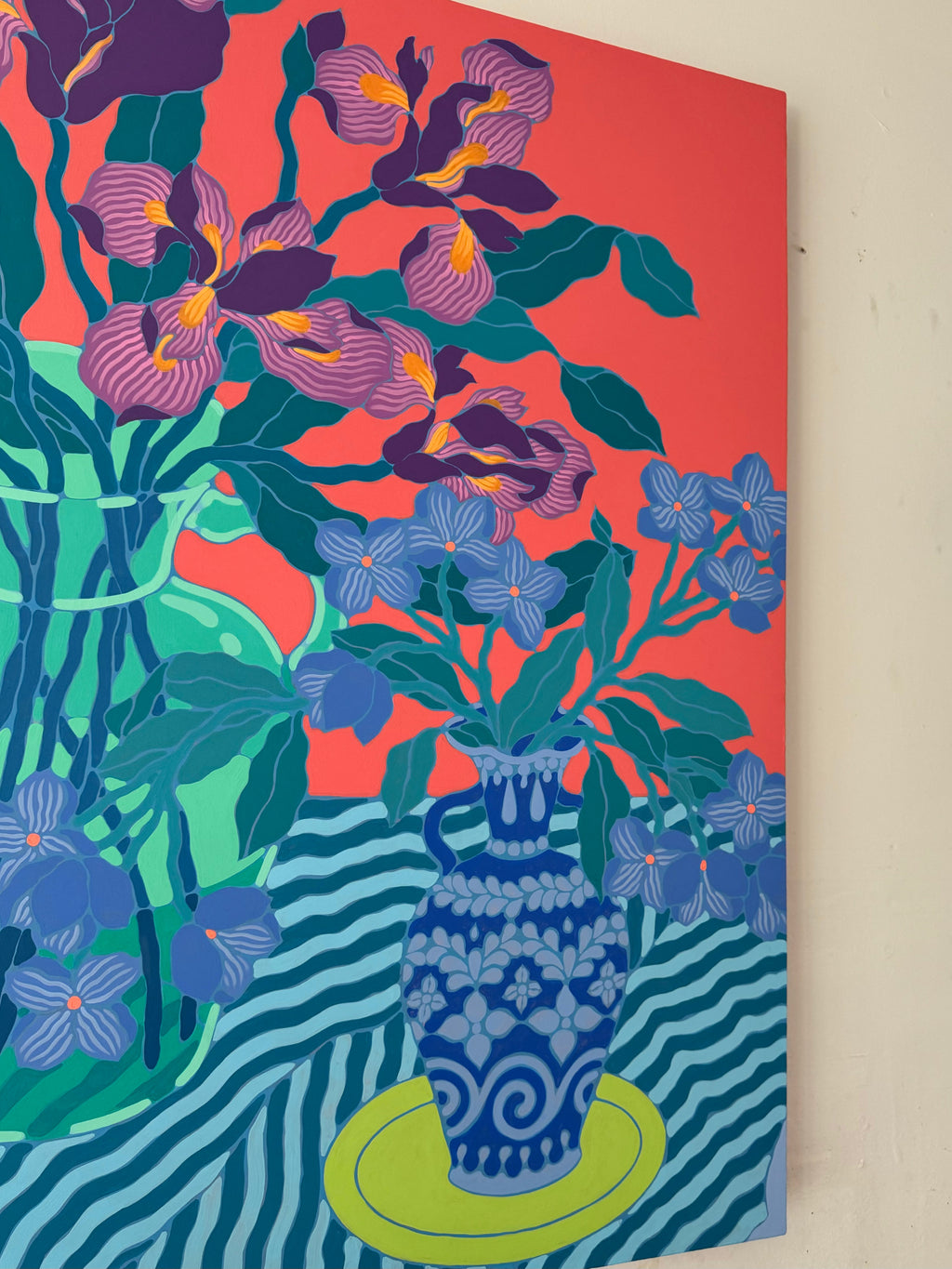 Painting by Sarah Ingraham titled "Purple Irises with Two Clementines" - 3.