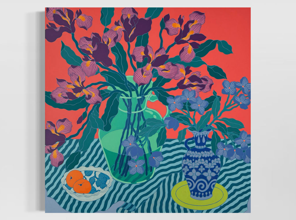 Painting by Sarah Ingraham titled "Purple Irises with Two Clementines" - 5.