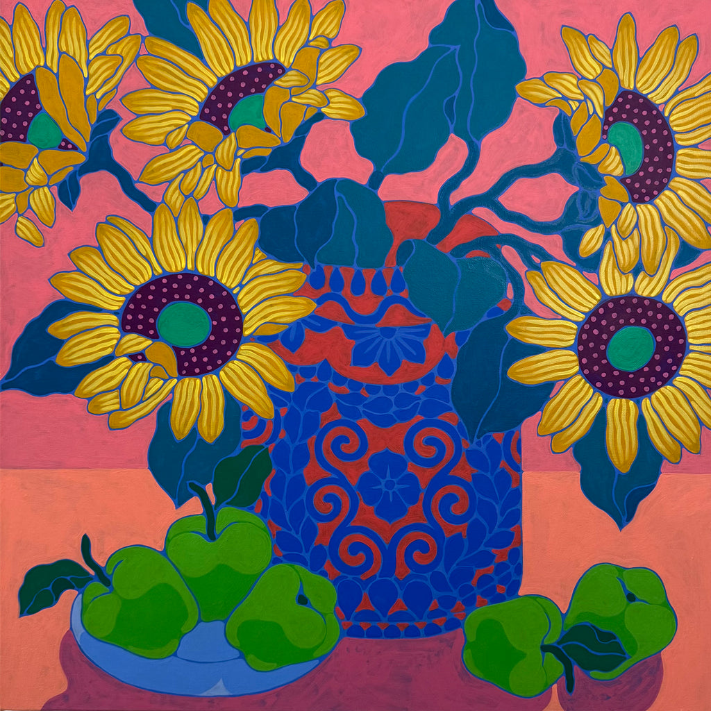 Painting by Sarah Ingraham titled "Sunflower Bouquet on Red" - 2.