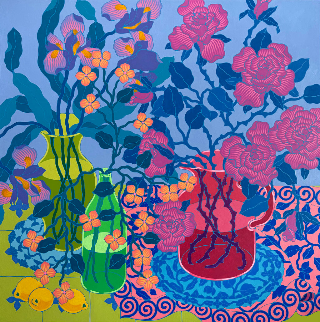 Painting by Sarah Ingraham titled "Three Glass Vases on Lime Green Tile" - 2.