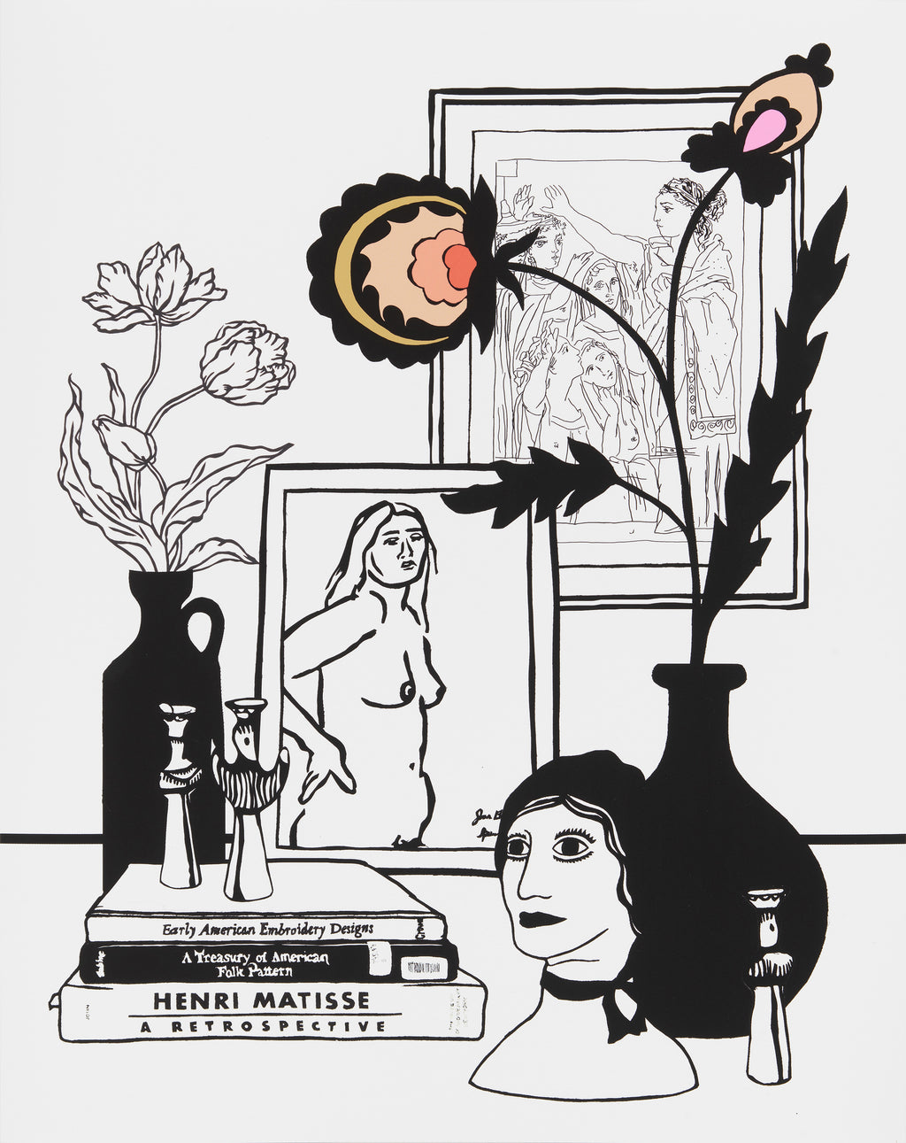 Print by Stacey Beach titled "Still Life with Books, Joan Brown Nude and Lysistrata" - 2.