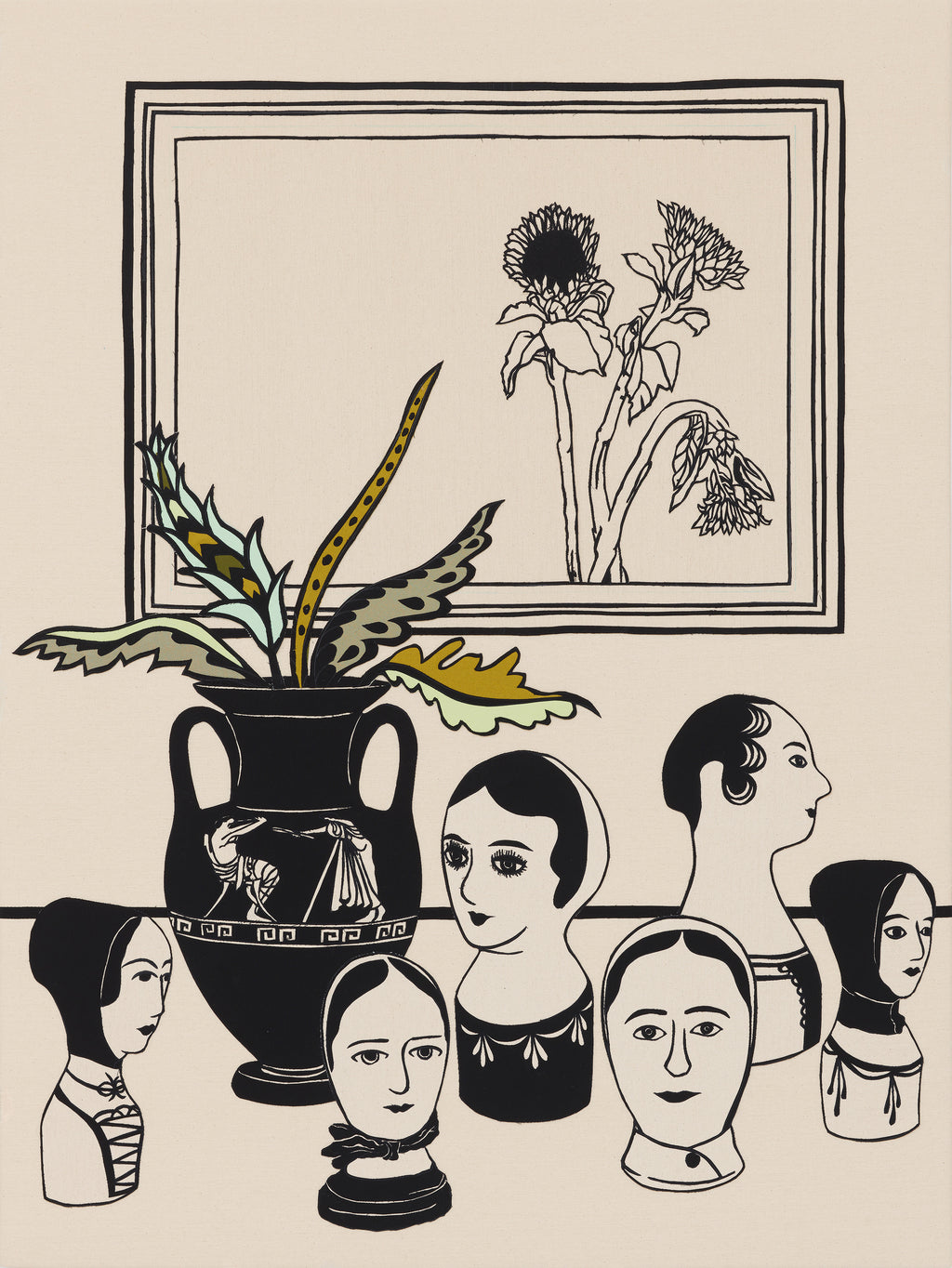 Mixed Media by Stacey Beach titled "Still Life with Millinery Heads and Ruth Asawa Sunflowers" - 2.