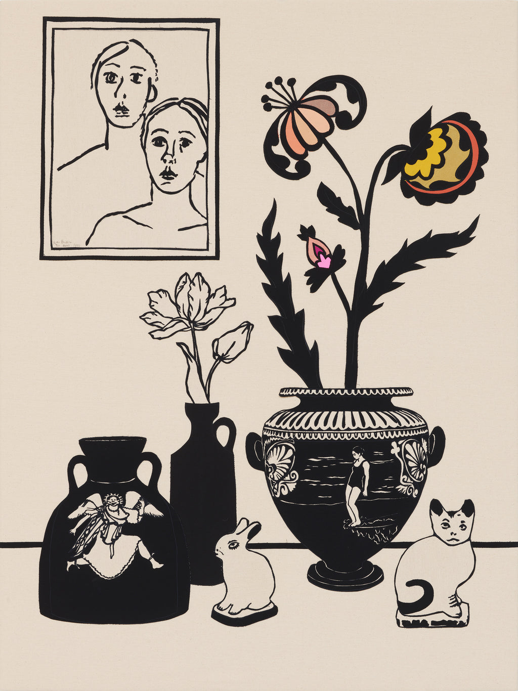 Mixed Media by Stacey Beach titled "Still Life with Surfer Amphora and Joan Brown's 'Two Heads'" - 2.