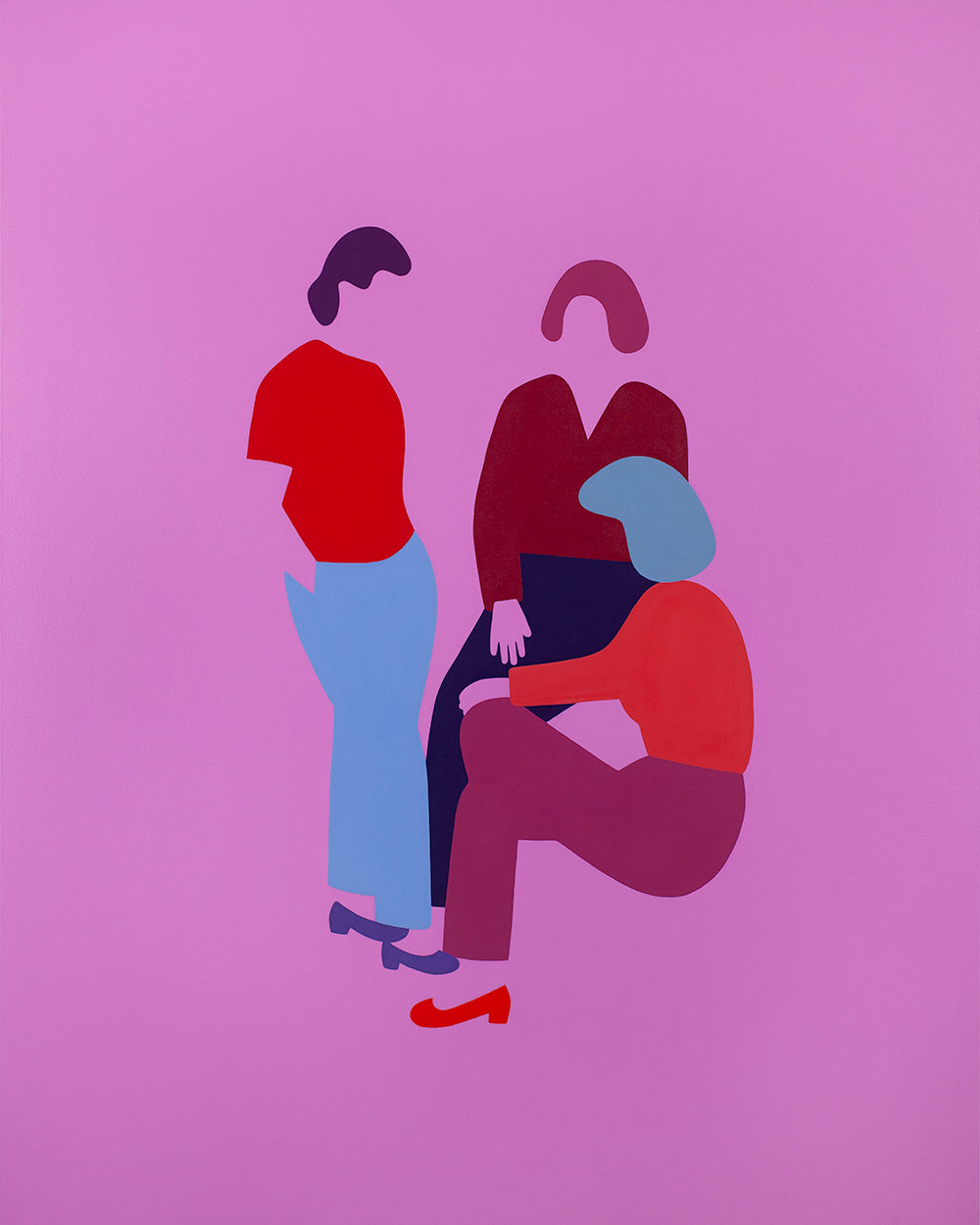 Painting by Dana Bell titled "Three Women Meet (Pink and Red)" - 2.
