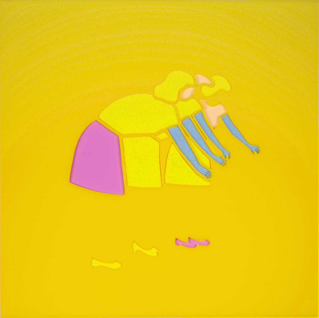 Mixed Media by Dana Bell titled "Three Women Reach (blue, pink and yellow)" - 2.