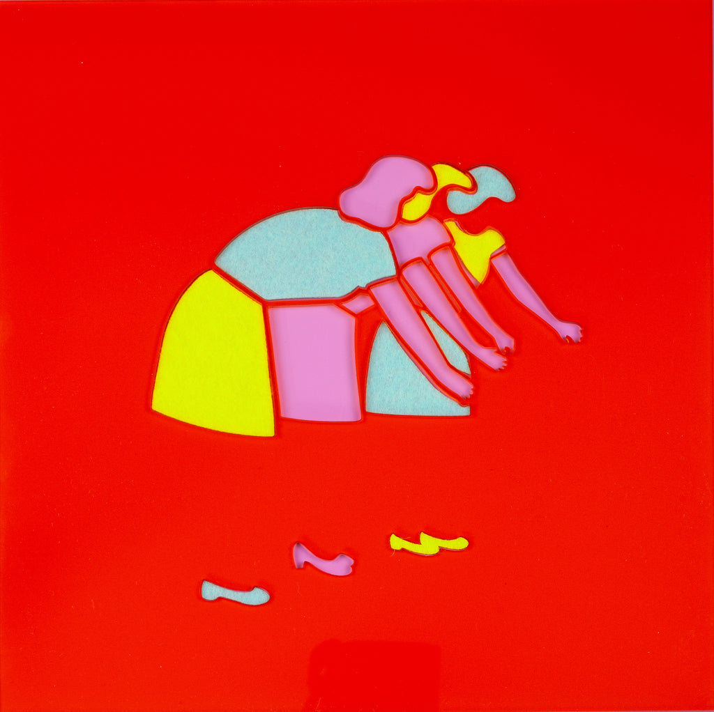 Mixed Media by Dana Bell titled "Three Women Reach (red, pink, yellow and blue)" - 2.
