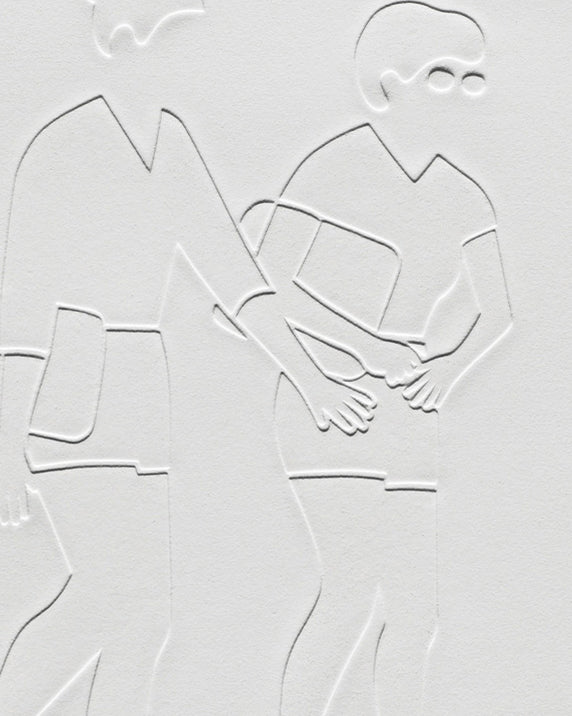 Print by Dana Bell titled "Two Walk Right With Bags" - 5.